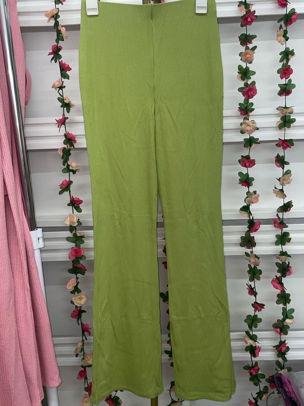 Double Zero- Ribbed Flare Leg Pants- Pale Olive
